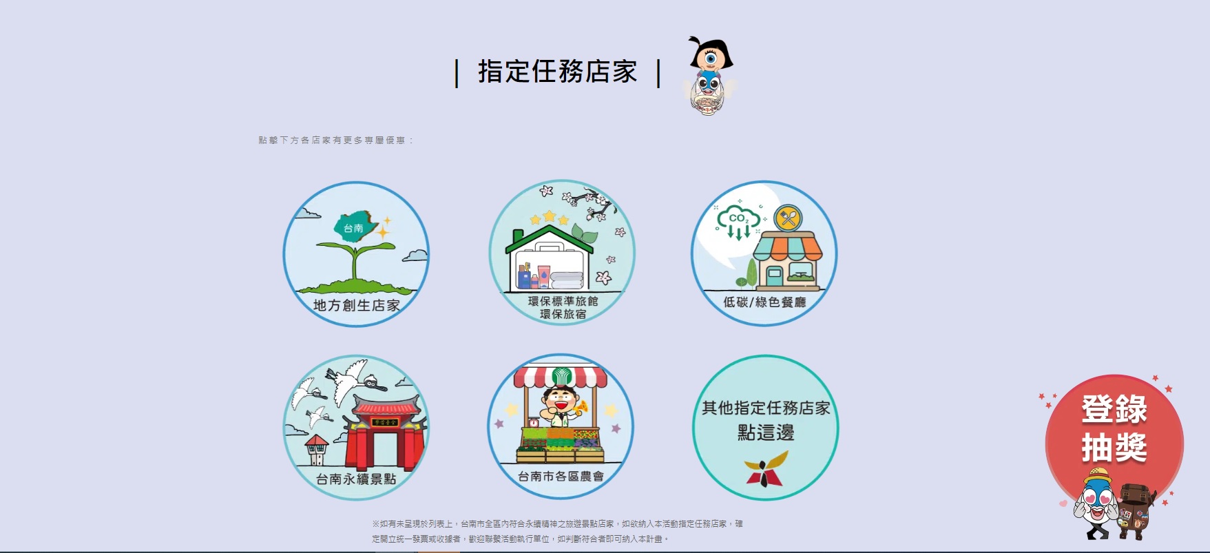台南市觀旅局與國家發展委員會以及星宇航空合作，共同推出「永續旅遊哩程累積計畫」。並與台南市各地低碳餐廳、綠色餐廳、環保標章旅館、環保旅店、地方創生以及永續景點471家店家合作舉辦線上抽獎活動，即日起至12月11日