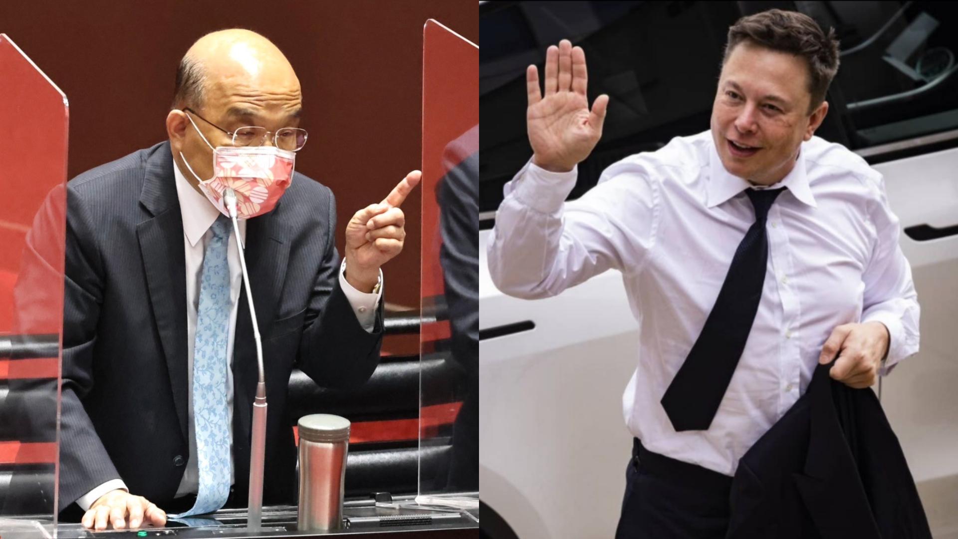 行政院長蘇貞昌立法院備詢,指馬斯克不了解台灣。左林啟弘攝、右翻攝馬斯克推特