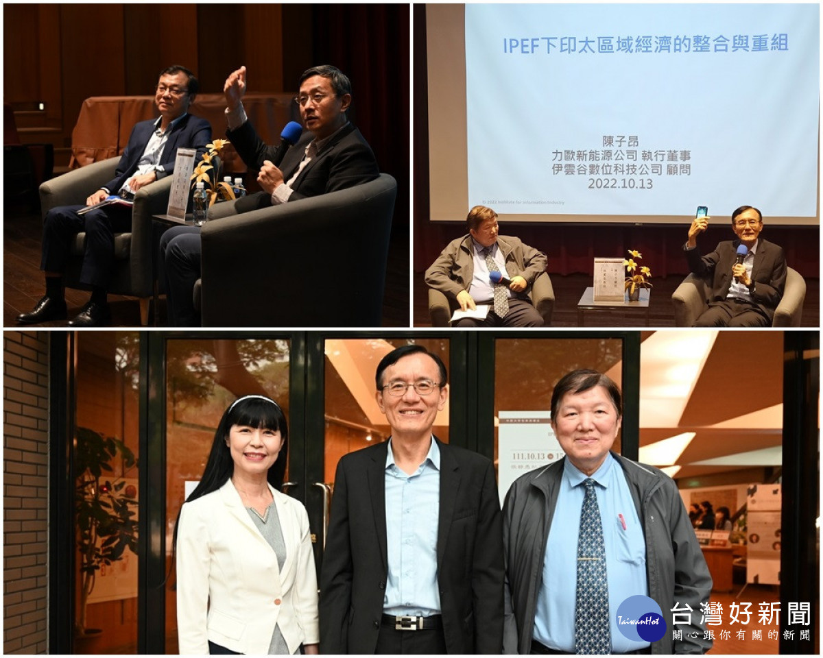 中原大學「智庫週」講座,主講人陳子昂(右)、與談人林震岩(左)暢談經貿發展趨勢。中原大學傑出校友方俊能(左)與主講人李淳(右)回應學生所提出之問題。中原大學商學院院長李正文(左)、主講人陳子昂(中)、企管系教授林震岩(右)於會場外合影。<br /><br /> <br /><br />