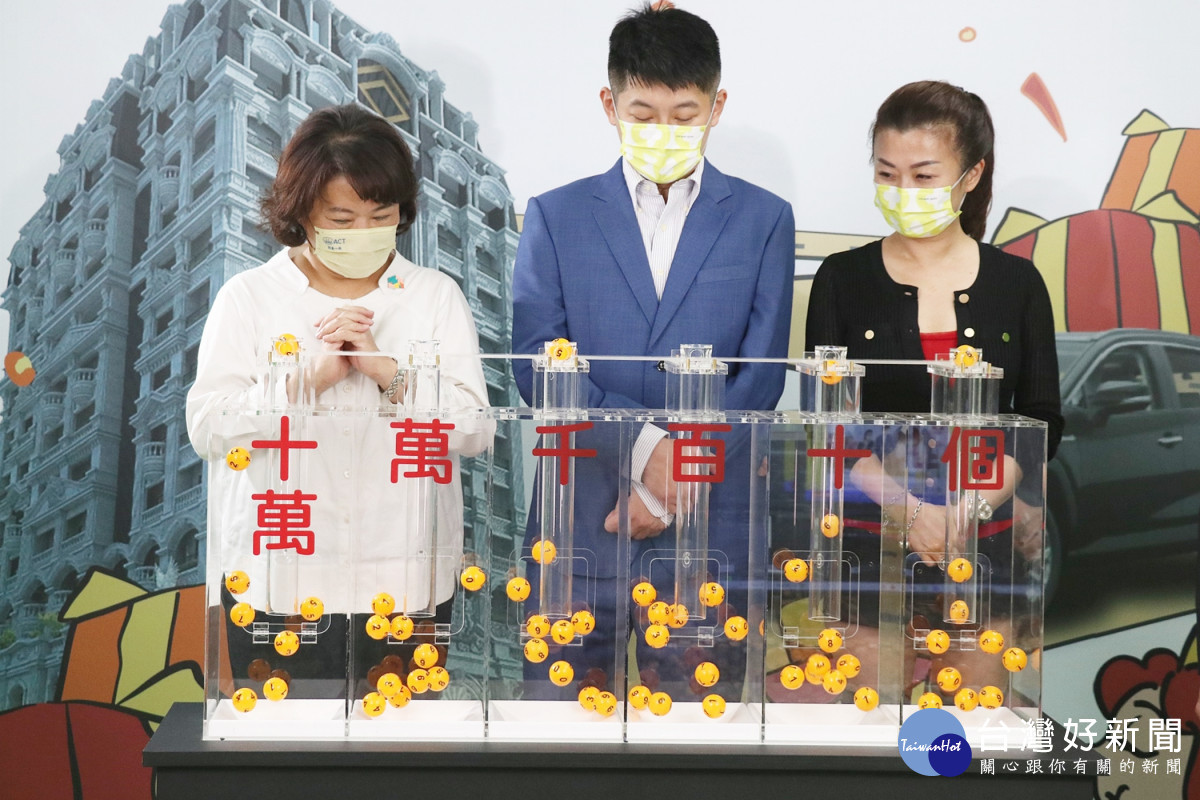 2022嘉義市購物節直播抽獎，嘉義市長黃敏惠與柯建利董事長(中)與柯怡君副總(右)抽出輕豪宅得獎者／嘉義市府提供