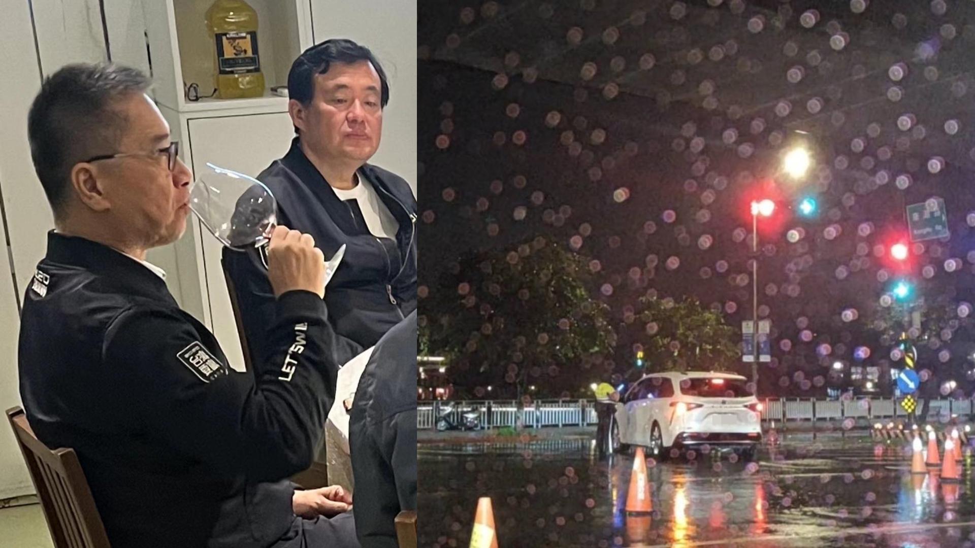 陳時中16日勘災時座車闖紅燈(右,讀者提供),內湖警分局稱沒密錄器及行車記錄器畫面,19日網上卻爆出分局長曾與英系高層餐敘(左,翻攝PTT )。合成照片