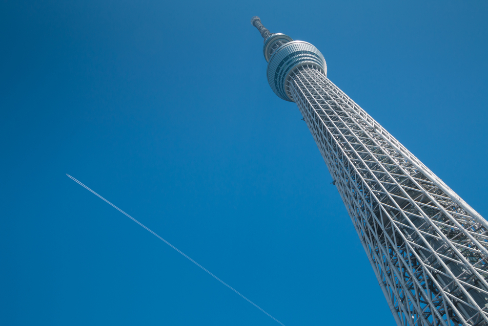 Tokyo,Sky,Tree,With,Airplane,Trail,In,The,Sky