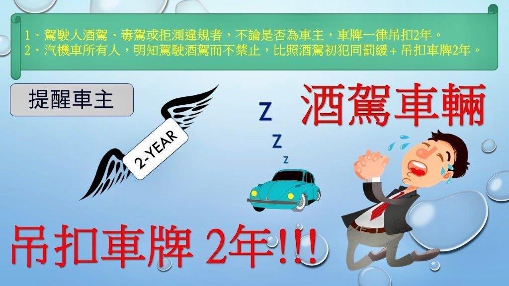 提醒車主,酒駕車輛吊扣車牌2年。