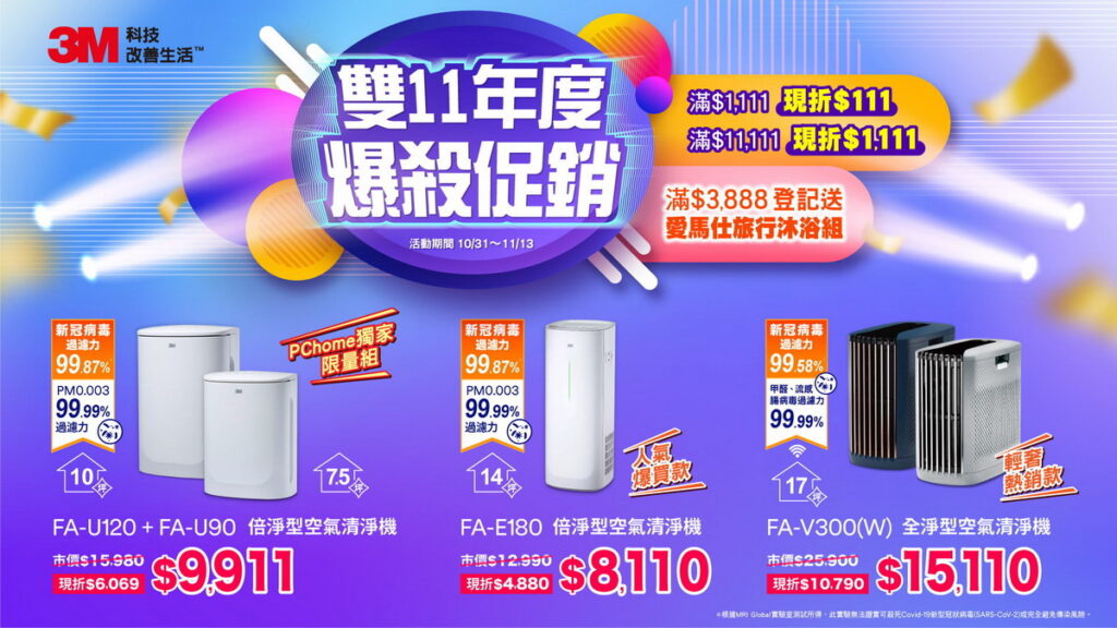 迎接一年一度的電商雙11檔期， 3M嚴選空氣清淨機、雙效空氣清淨除濕機、升級版靜電空氣濾網等多款商品，1031起至1113於Momo購物網、PChome 24小時購物各推出11大限量居家空氣濾淨商品超殺優惠。