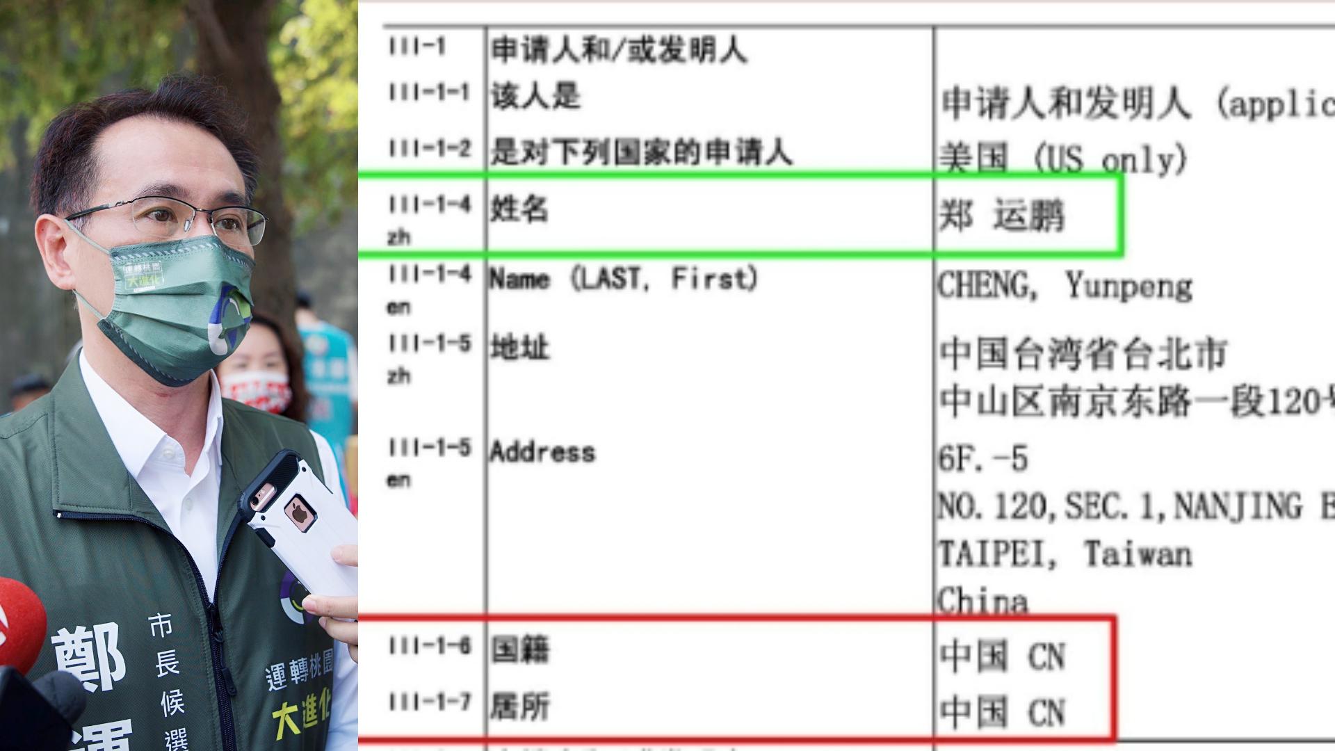 鄭運鵬遭控赴中國經商,地址文件冠名「中國」。合成照片/鄭運鵬競辦提供、翻攝凌濤臉書