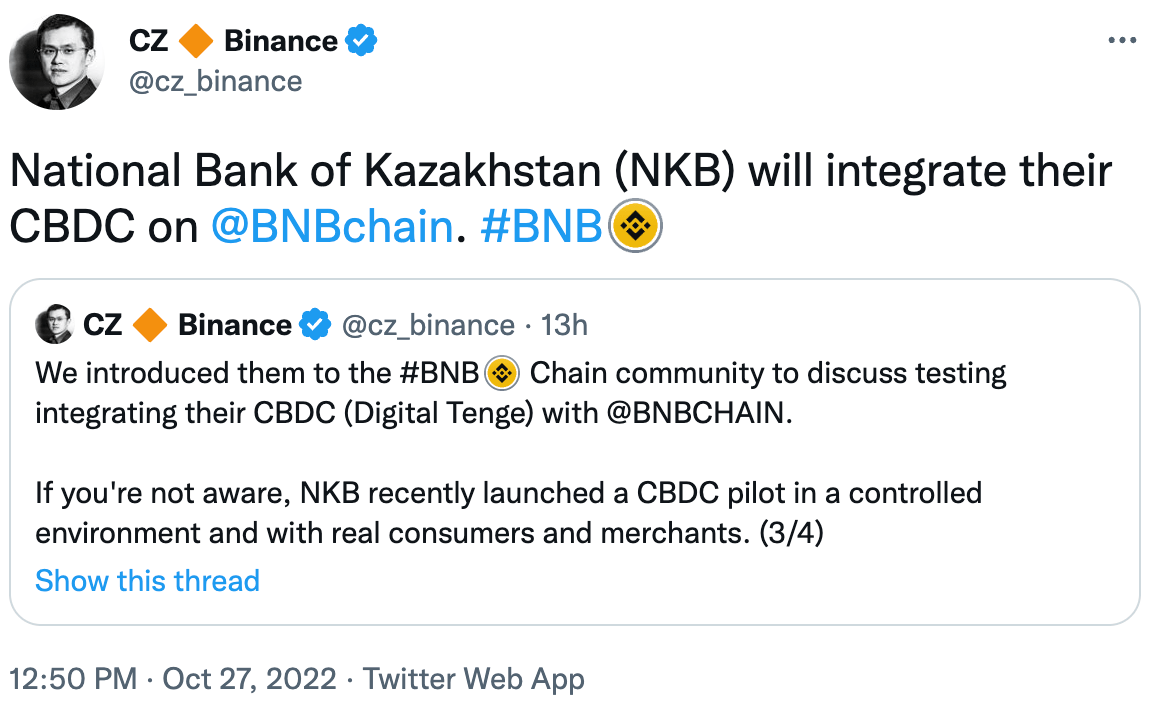 幣安創辦人趙長鵬：哈薩克CBDC 數位坦吉將在BNB Chain 測試
