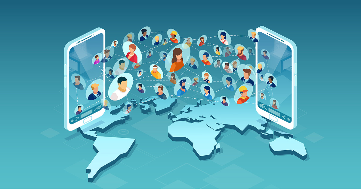 Vector of diverse group of people communicating via mobile phone app technology