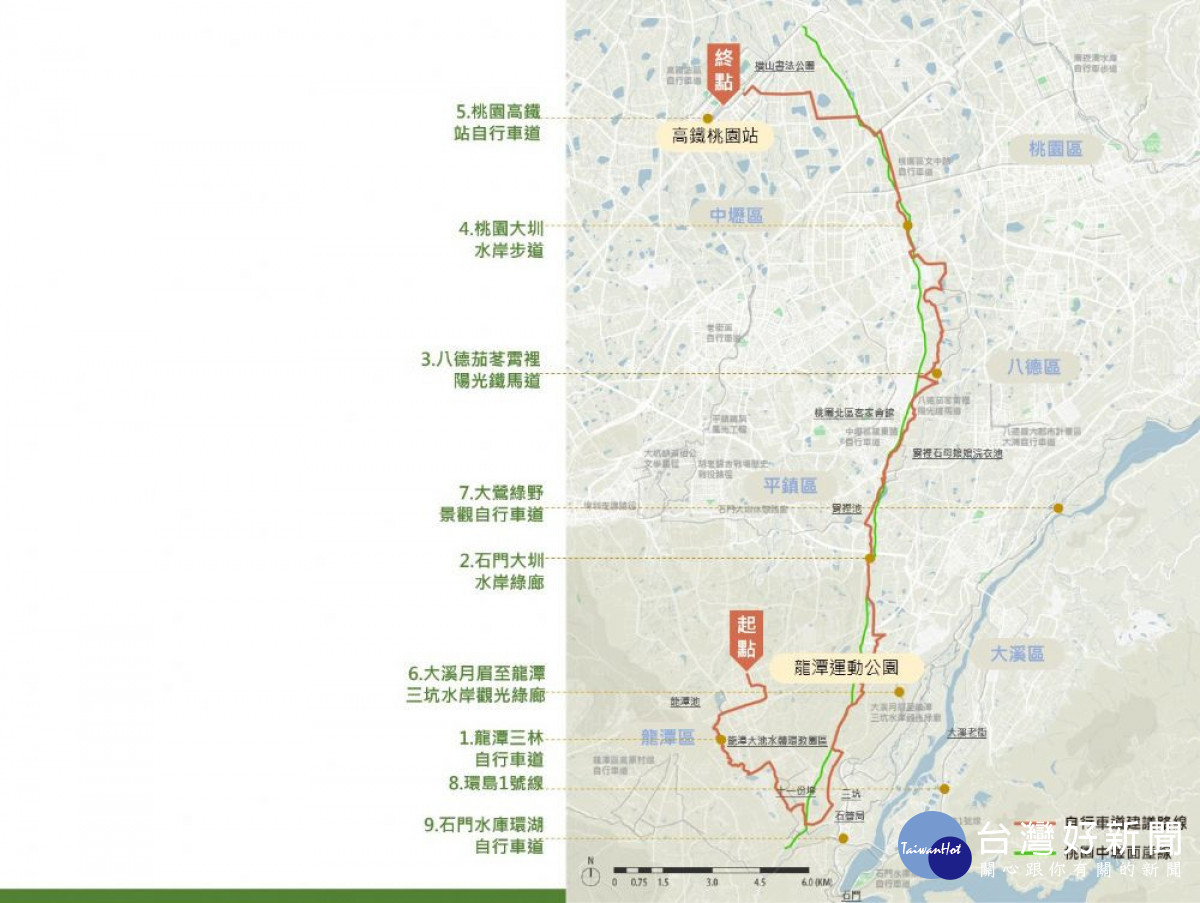 「桃園崖線綠道計畫」全長約45公里,起自龍潭運動公園,一路延伸至桃園高鐵站,沿途行經多個重要景點,並橫跨7個不同行政區。