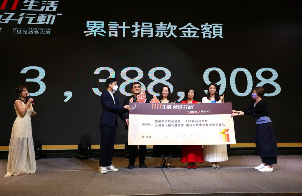 「1111生活共好行動」公益募款總額為3,388,908,將全額捐助雙躍關懷成長協會、伯拉罕共生照顧勞動合作社、弘道老人福利基金會、TFT為台灣而教。