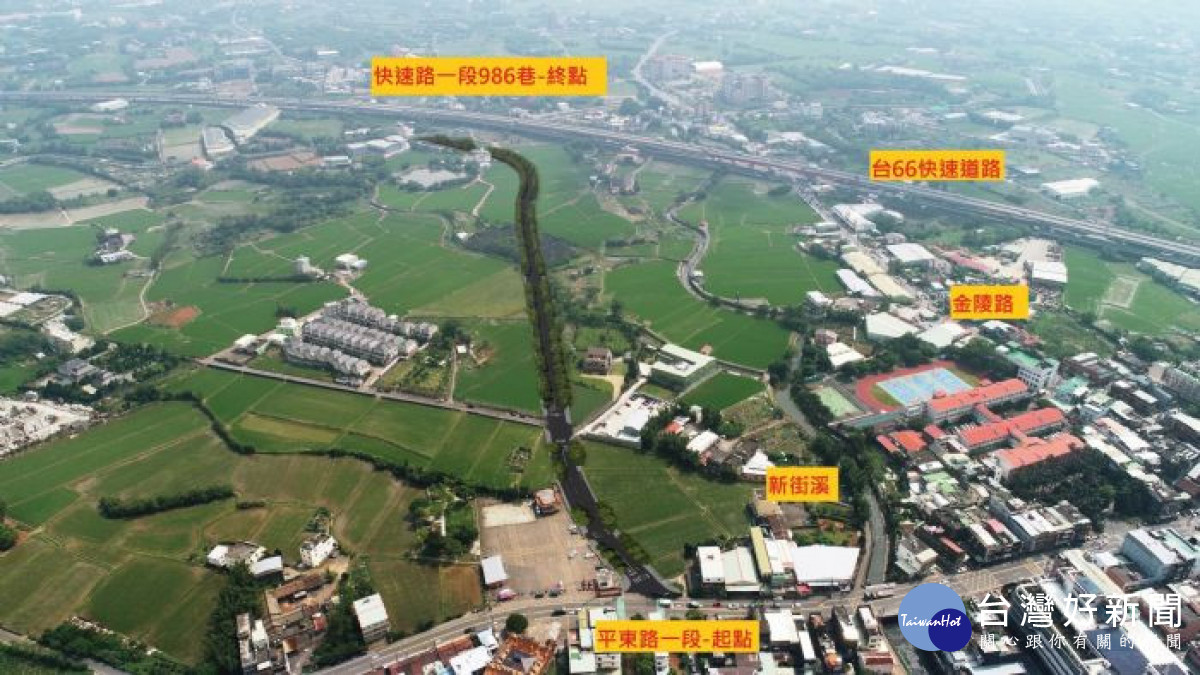 桃園市平鎮區金陵路五、六段替代道路新闢工程施工範圍示意圖。