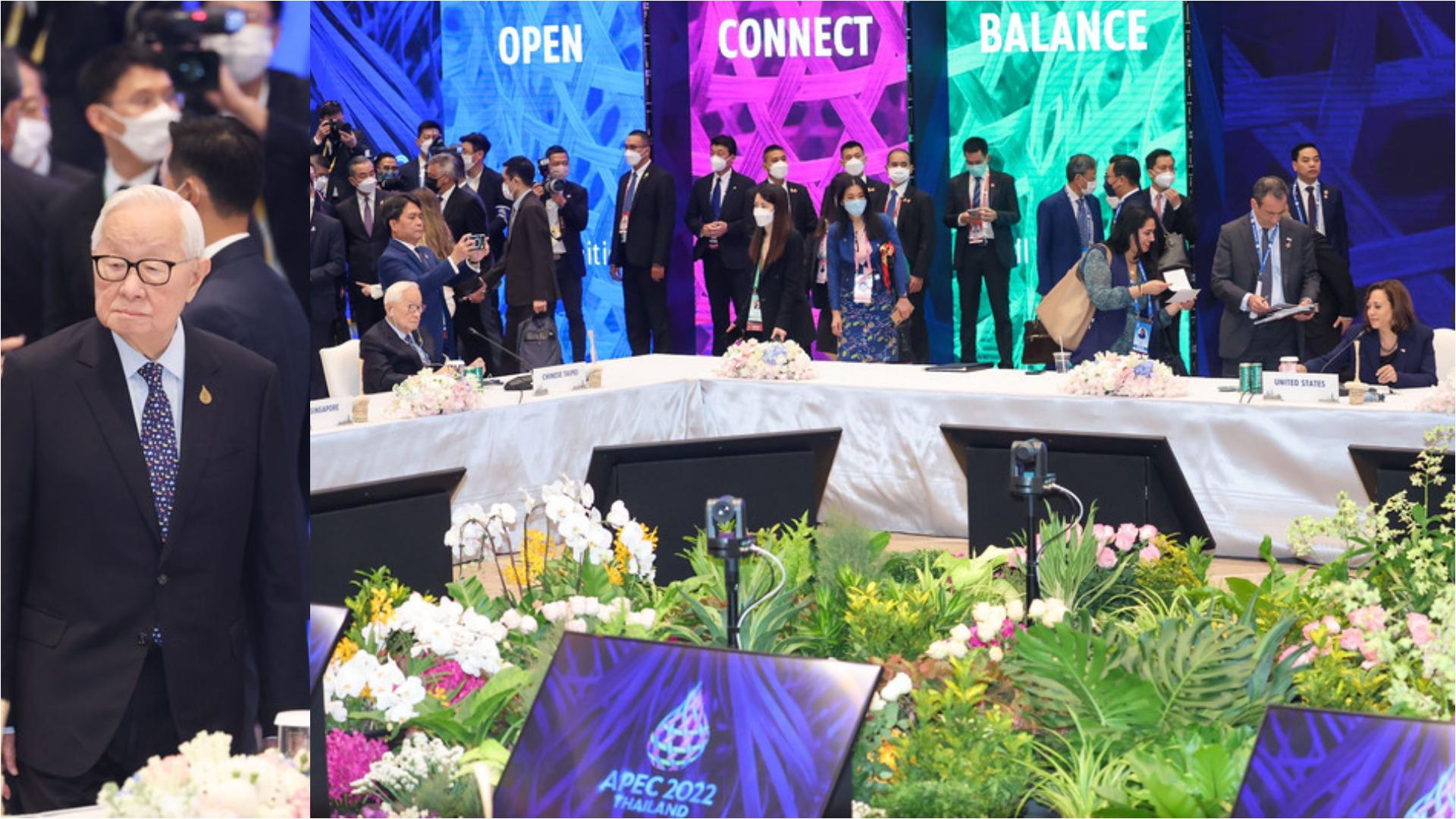 2022亞太經濟合作會議(APEC)經濟領袖第一場閉門會議18日在泰國曼谷舉行,會議現場安排長形桌,台灣領袖代表張忠謀(前左)座位的左前方是美國副總統賀錦麗(Kamala Harris)(前右)。中央社