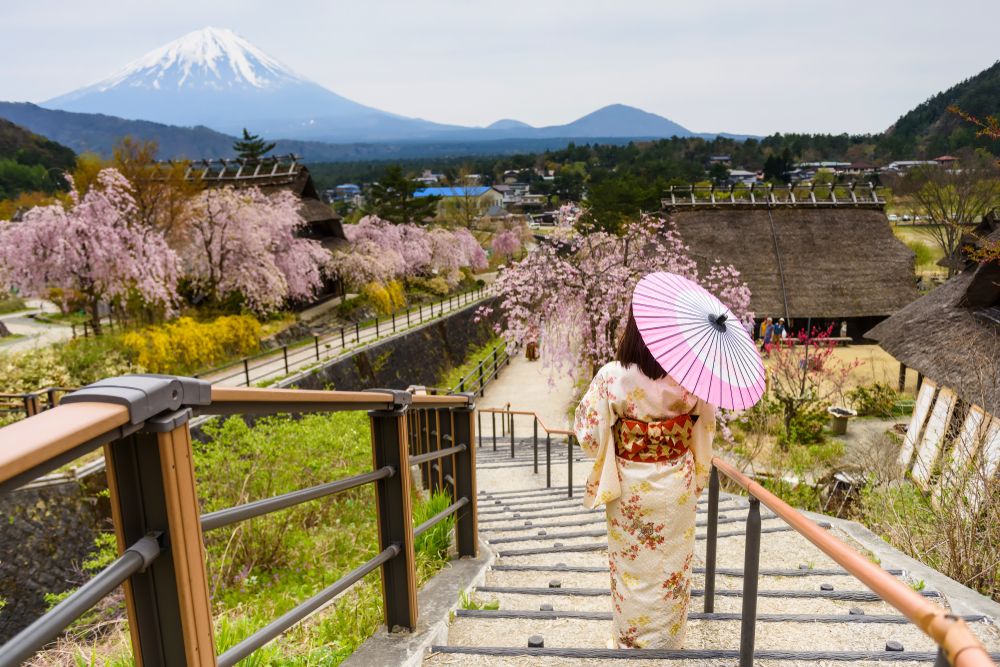 Japanese,Woman,With,Traditional,Kimono,And,Umbrella,At,Saiko,Iyashi