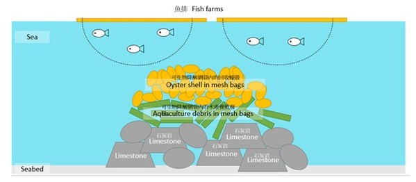 示意圖 —— 設置於吐露港的人工蠔礁試點為魚類及其他海洋生物提供棲息地。 示意圖 —— 設置於吐露港的人工蠔礁試點為魚類及其他海洋生物提供棲息地。