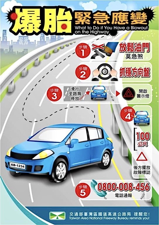 臺北市保安警察大隊呼籲,駕駛人可學習爆胎緊急應變措施,如遇爆胎時可運用自保。