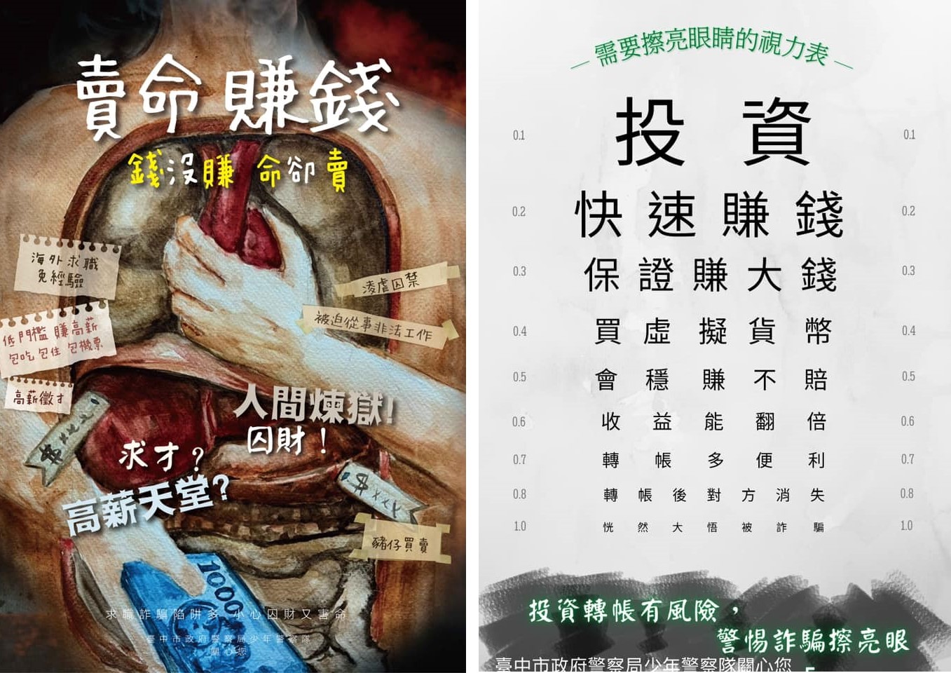 ▲朝陽科大廖宣卉第1名「賣命賺錢」(左圖) 逢甲大學曹思逸第2名「您的視力合格嗎」(右圖) (圖/台中市警察局 提供)