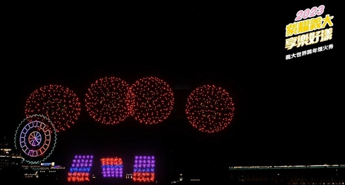 2023義大世界999秒跨年煙火秀 全台首創立體繪煙火 108公尺巨型施放裝置 煙火版光牆打造青春無垠奇幻夜空