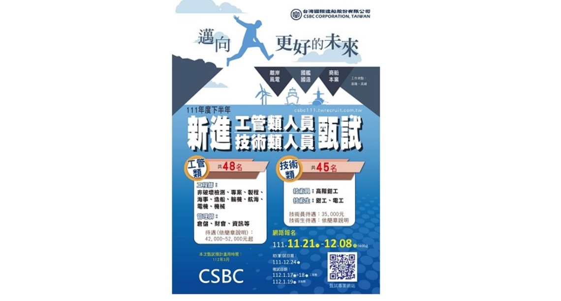 邁向更好的未來   台船111年下半年招考93名新進人員