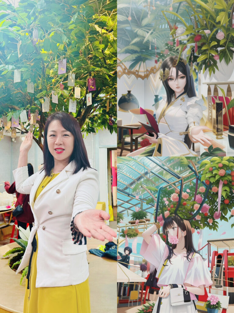 新北市議員劉美芳穿著白色外套、黃色洋裝,在化身漫畫人物後,分別流露出冷豔風及淑女風