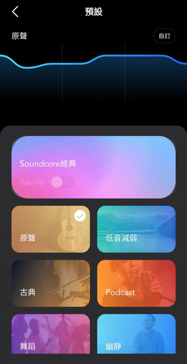 聲音效果是 APP 在既有聆聽風格之外,還能提供用戶更豐富的聽感選項,除了原聲之外,soundcore 經典、低音減弱、古典、Podcast、舞蹈等等,合計原廠預設有 23 種,再加上用戶可自訂一種,共有 24 種聲音效果,絕對可以滿足聆聽各種風格音樂的需求。