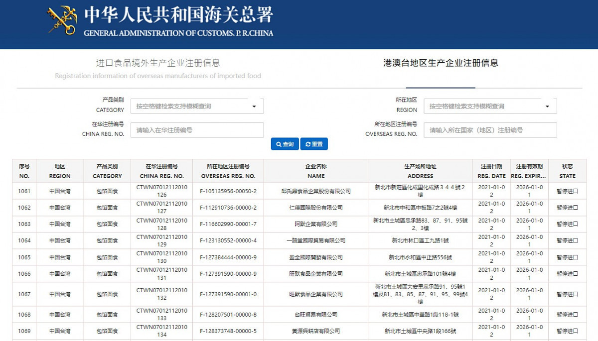 (圖／翻攝自中華人民共和國海關總署進口食品境外生產企業註冊信息網站)
