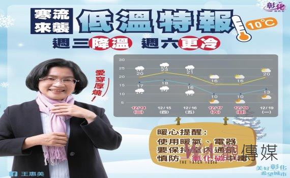 冷吱吱!當心喪命危機!彰化縣長王惠美透過臉書傳遞低溫特報