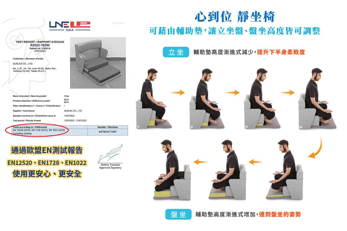心到位靜坐椅擁有七種可調整高度,並通過歐盟檢測報告。