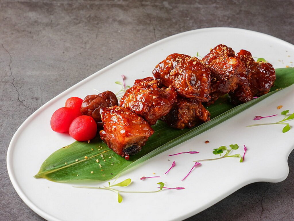 皮香酥脆肉鮮嫩的「梅膏焗肋排」,選用白蘭地以杓溫酒澆淋,五感食境秀體驗。(圖/「潮品集‧潮坊」提供)
