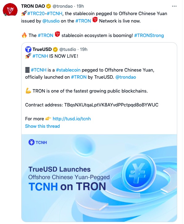 推出離岸人民幣穩定幣TCNH,TrueUSD和波場TRON的“快手式突圍”