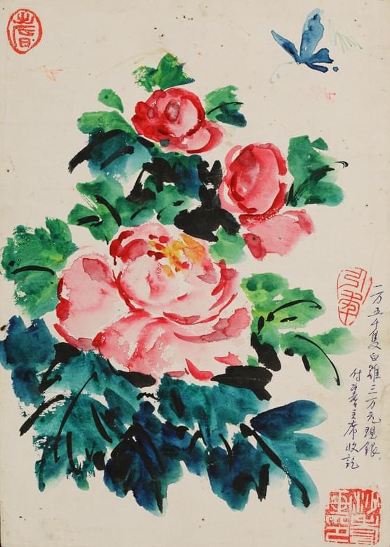 有「中國梵谷」之稱的沙耆《花香蝶自來》為熱門精品之一。(圖/翻攝自卡門畫廊臉書)