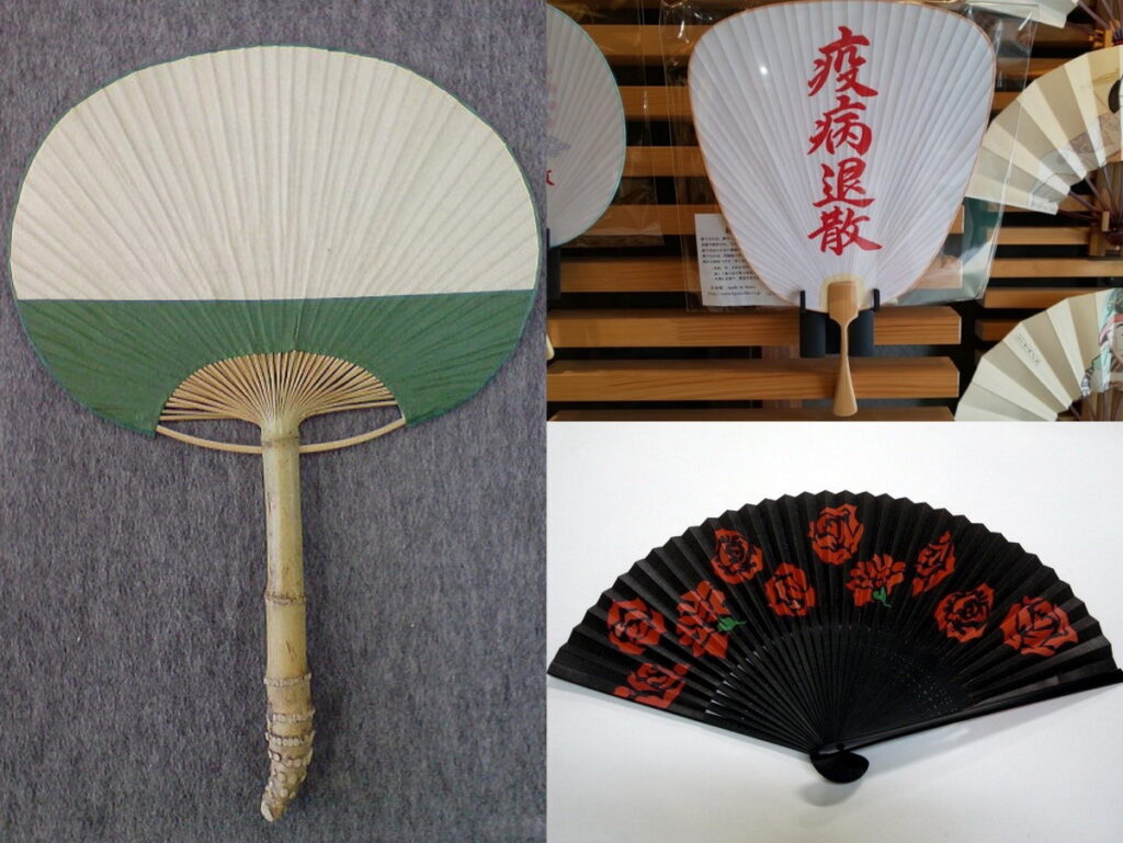 (左)房州團扇 (右上)京團扇 (右下)松扇堂 折扇(熱情的玫瑰)(圖片來源:Ⓒ松根屋)