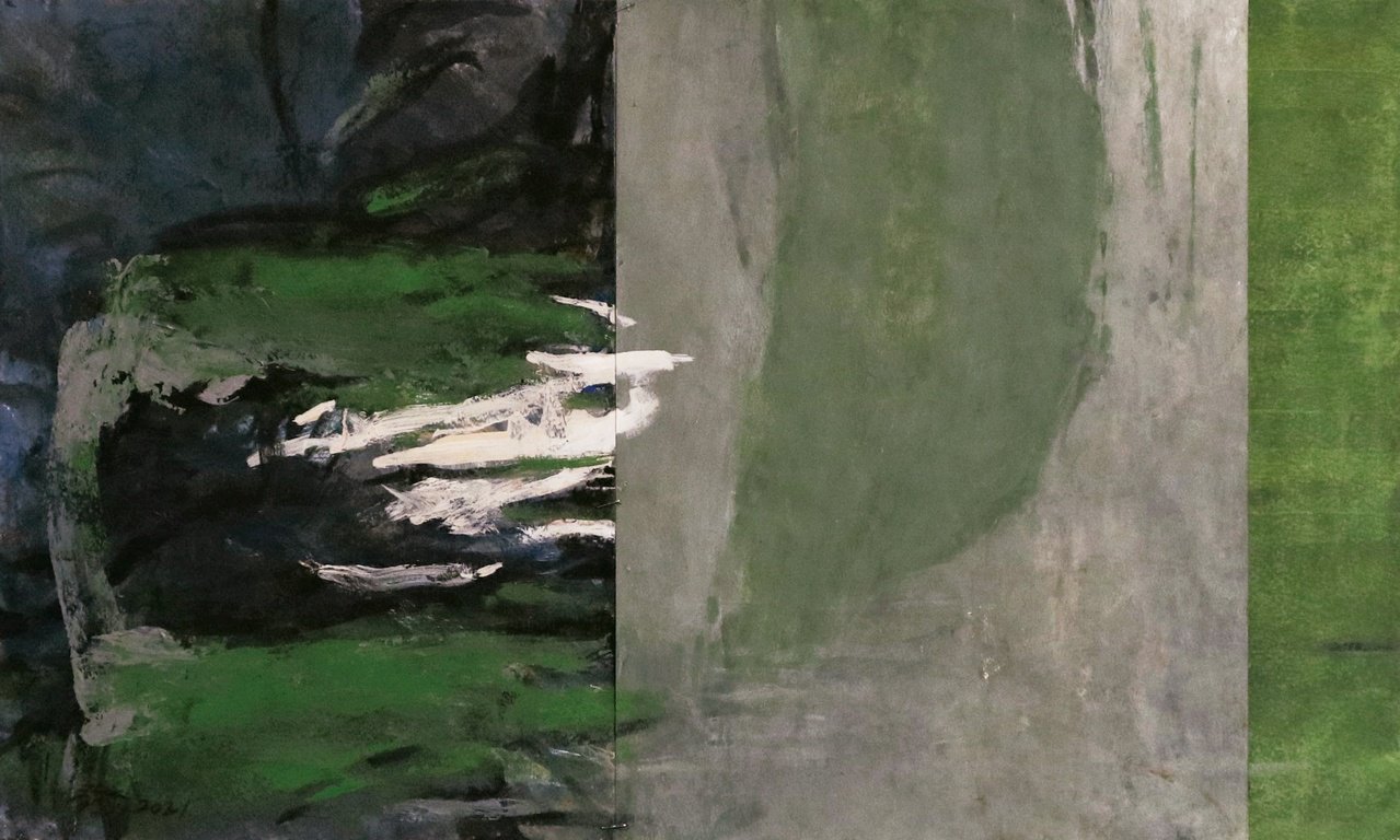 陳榮發作品「溫柔之綠．暗藏危機」創作年份2021，媒材：壓克力、紙，尺寸62.8...