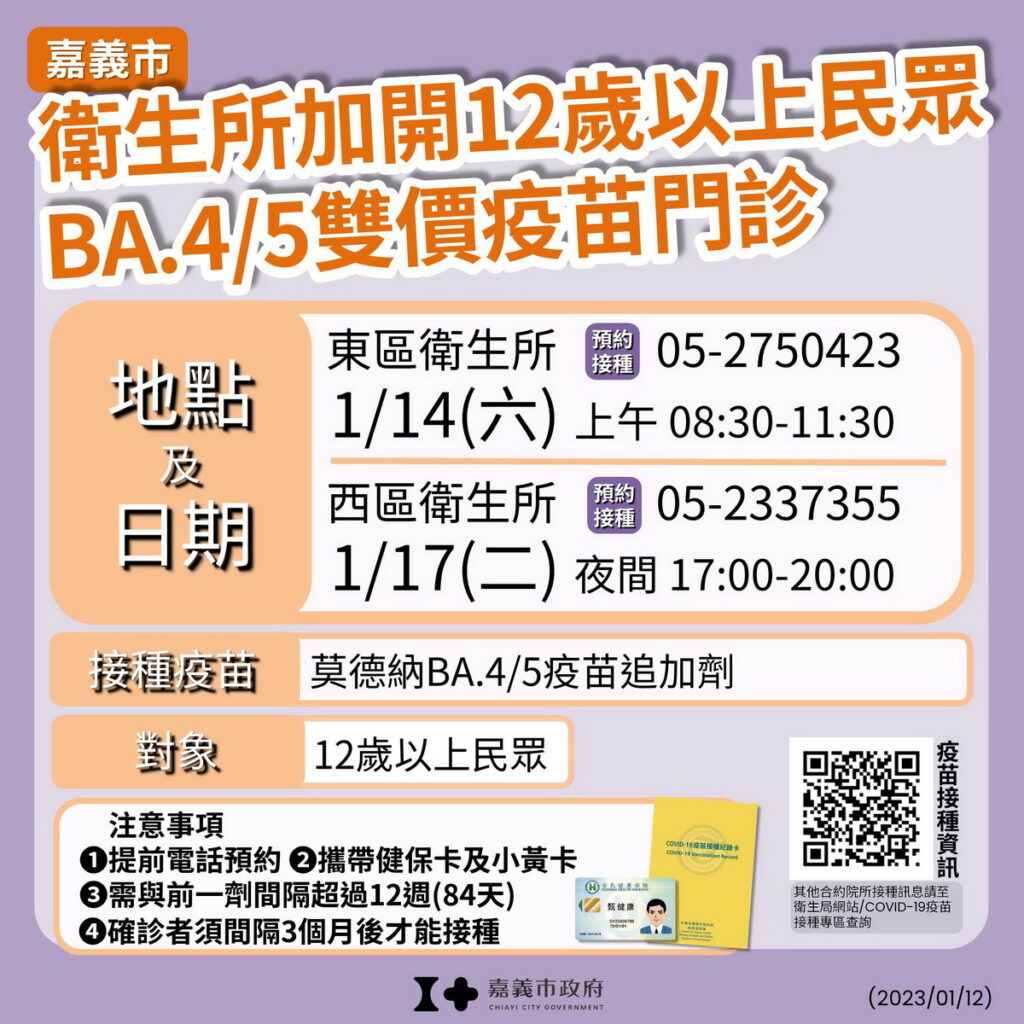 衛生所開診12歲以上BA.45雙價疫苗