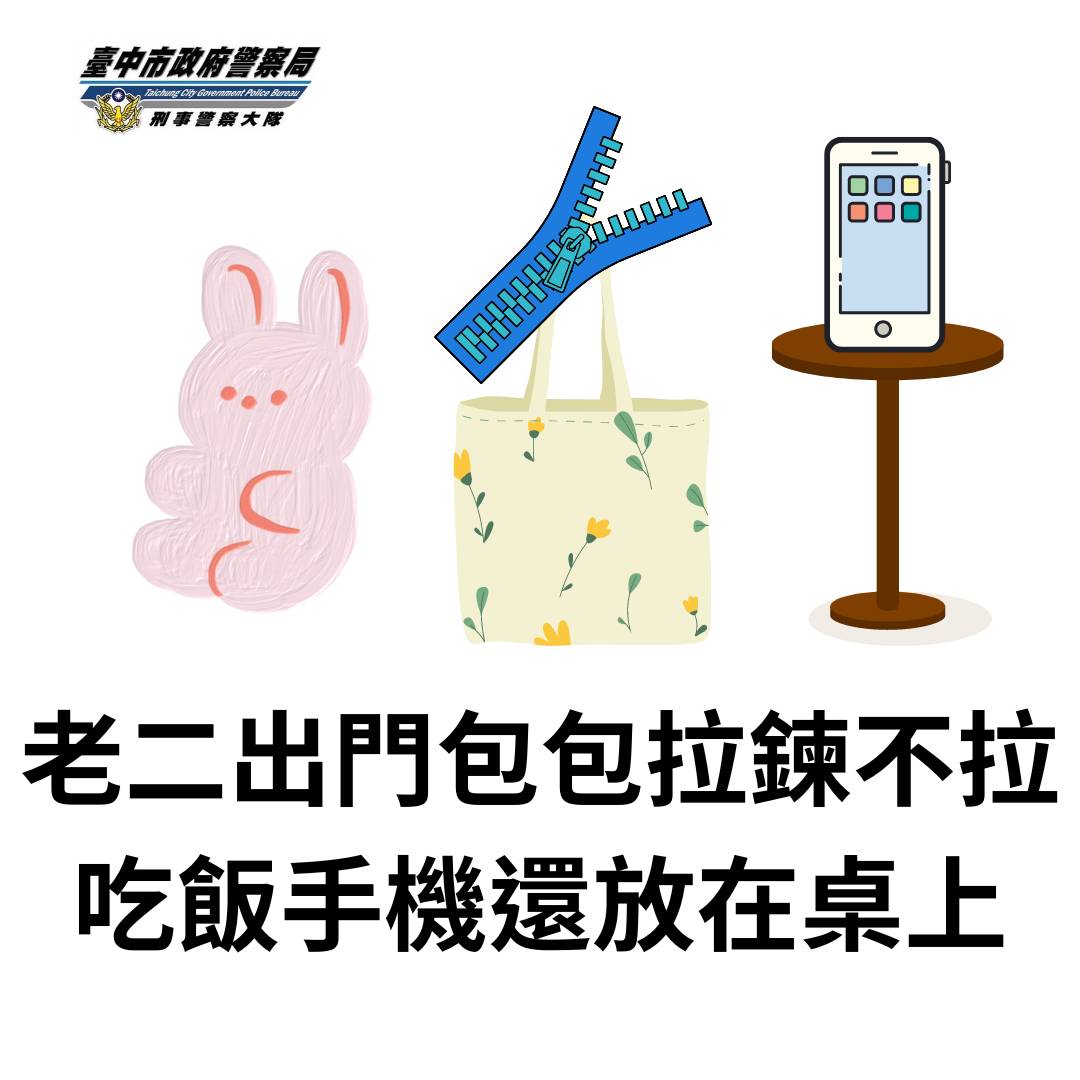 ▲ 旅遊外出,財物不露白、不離身 (圖/台中市警察局 提供)