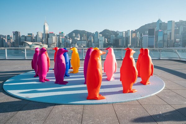 彩虹色的企鵝在觀景台欣賞維多利亞港兩岸景色