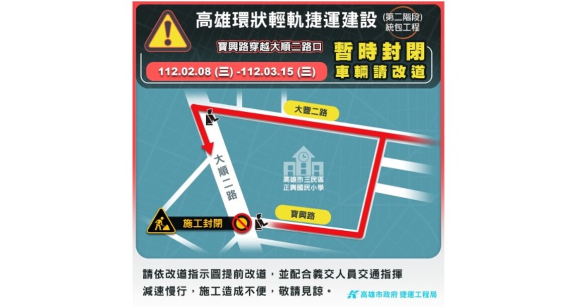 輕軌二階工程施工 大順路/富民路/鼎山街/寶興路南北向路口封閉道路