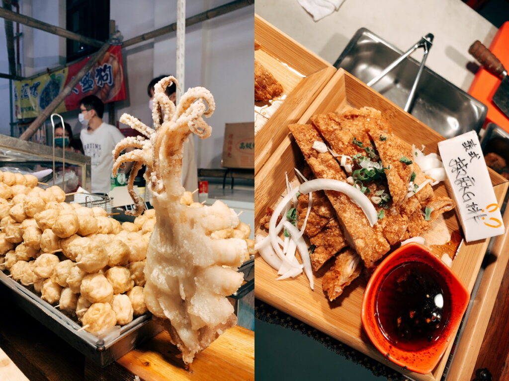 「轟炸魷魚新記煎餃」炸魷魚與花枝丸、「Thaichibar泰式炸雞」泰式椒麻雞排(水水生活 提供)
