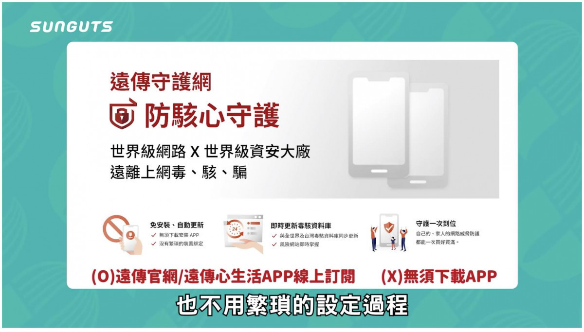 免安裝APP就能訂閱使用,守護上網安全。(圖/翻攝自三個字SunGuts YT頻道)