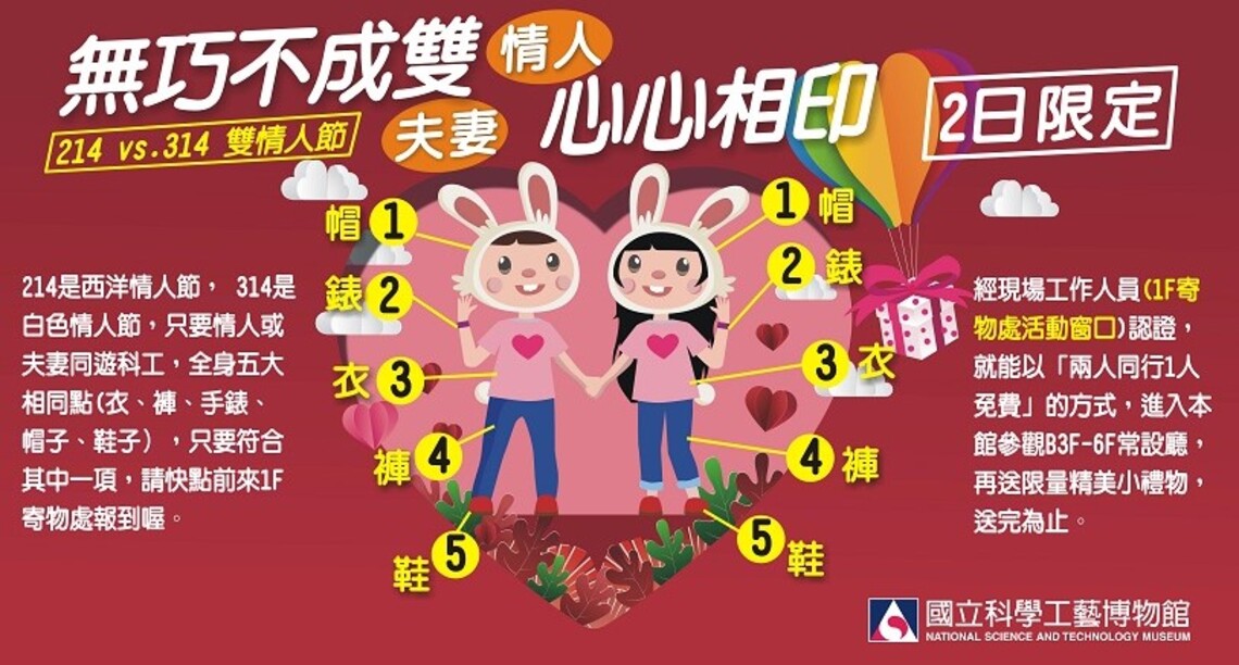 雙情人節 心心相印 夫妻或情人同遊科工館1人免費並送限量精美小禮物