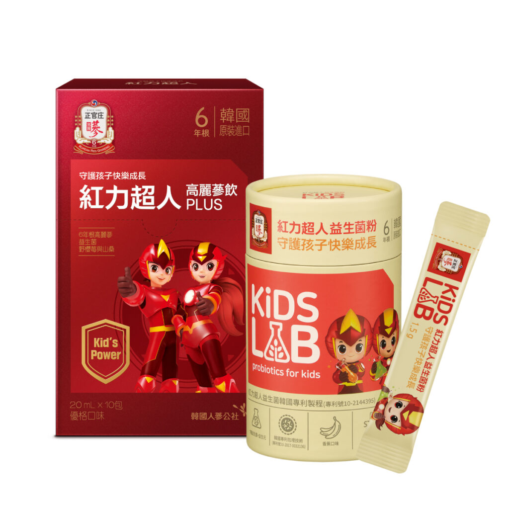 明星商品「紅力超人高麗蔘飲PLUS」,搭配營養好吸收「紅力超人益生菌粉」,親子組合價只要NT$1,590元。