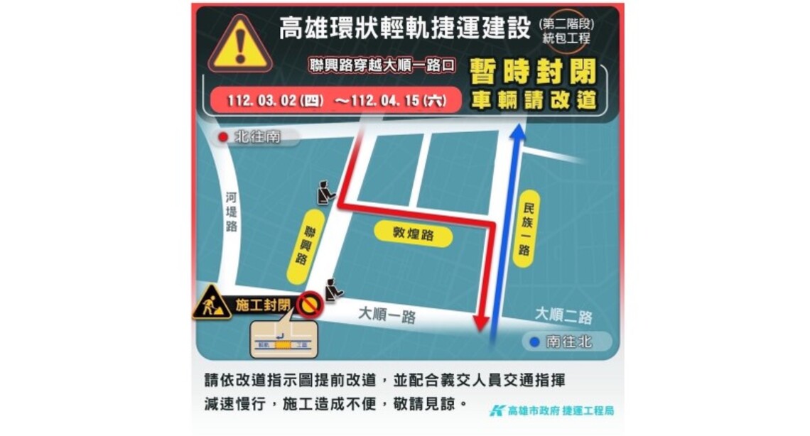 輕軌二階工程大順一路與聯興路口南北向封閉施工   請用路人提前改道行駛