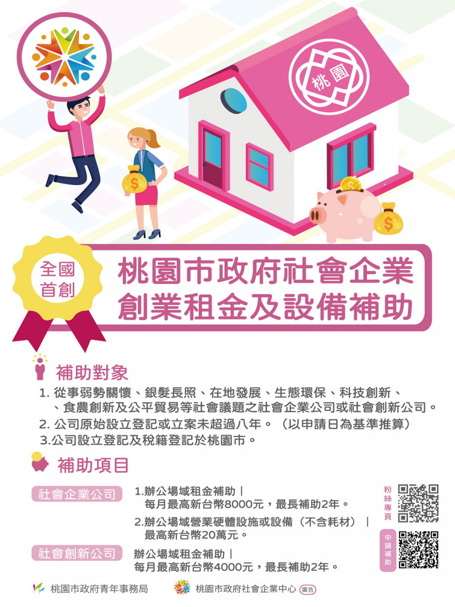 桃園市政府推出社會企業創業租金及設備補助擴大補助政策。