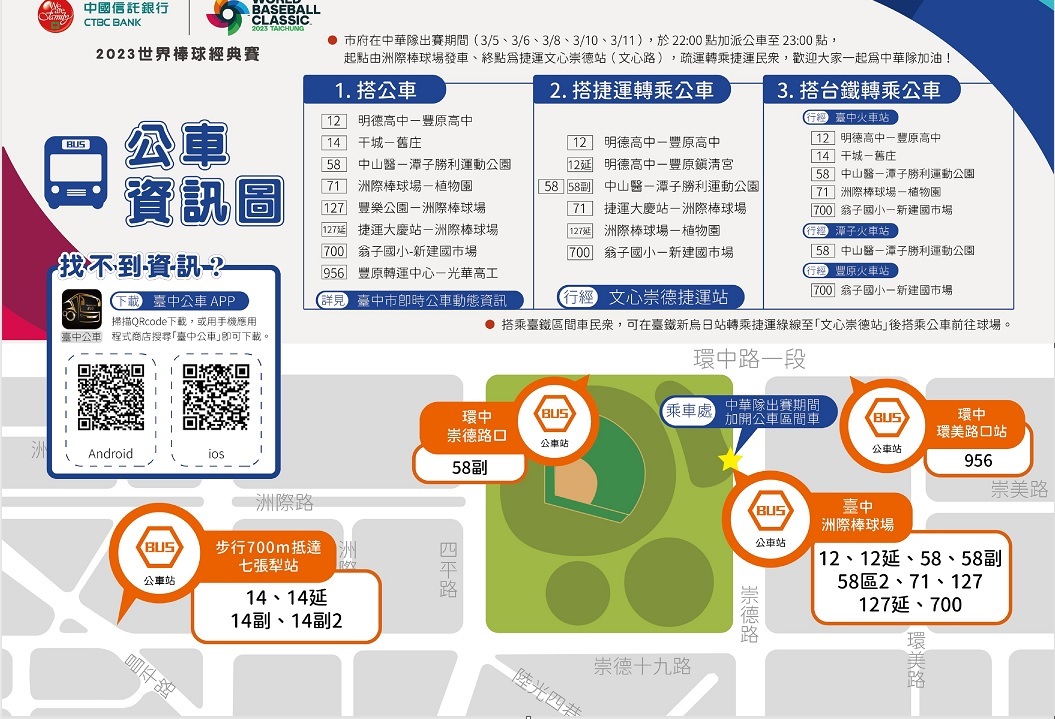 ▲ 中市警局鼓勵市民多搭乘大眾運輸系統前來球場為中華隊加油 (圖/台中市警察局 提供)