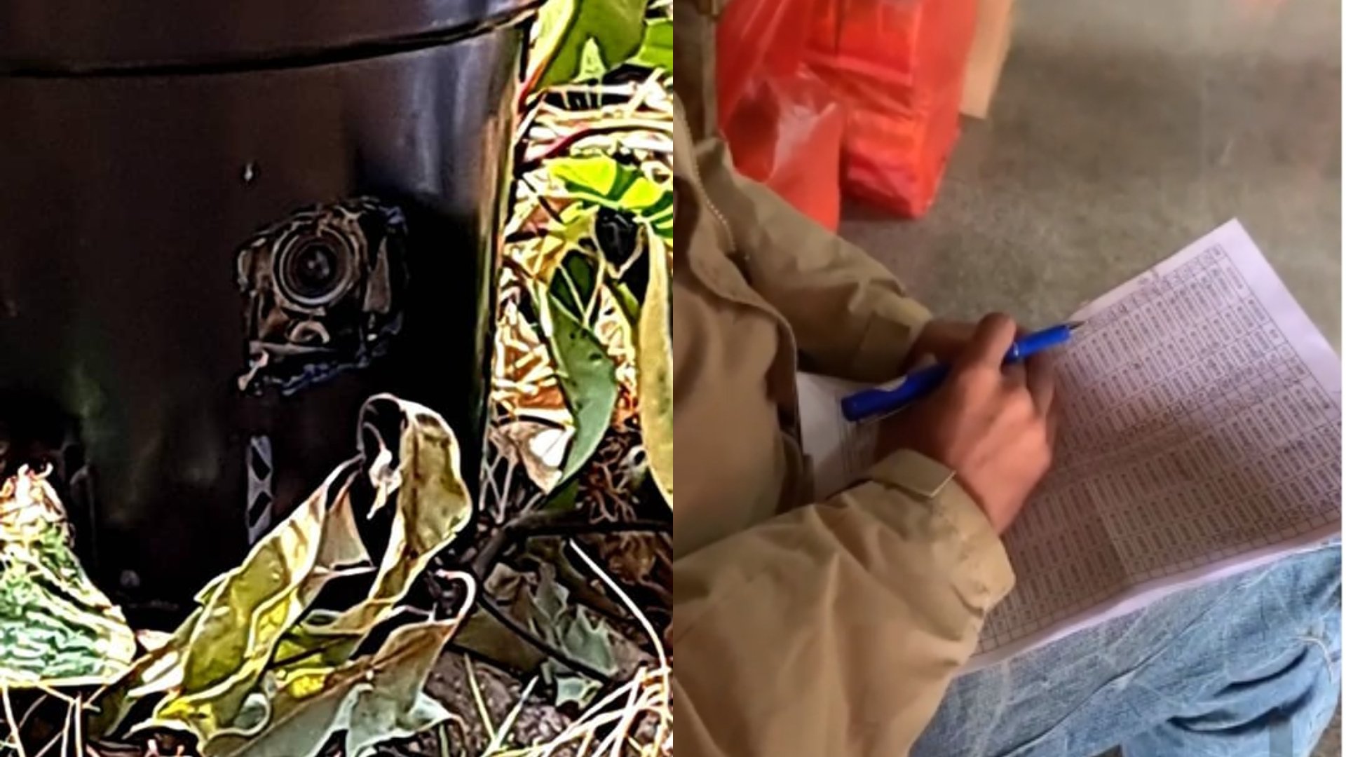 綠營指控,南投補選多個投票所遭監控,有人把密錄器藏在投票所外的花盆內(左)、還有人在記投票民眾高矮衣著等特徵(右)。蔡培慧競總提供