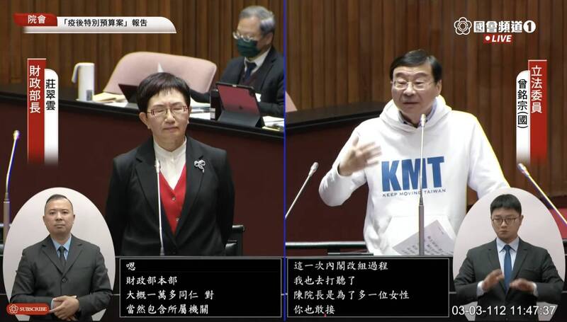 曾銘宗3日質詢時對財政部首任女部長莊翠雲說,她是因為女性才當財長。翻攝直播