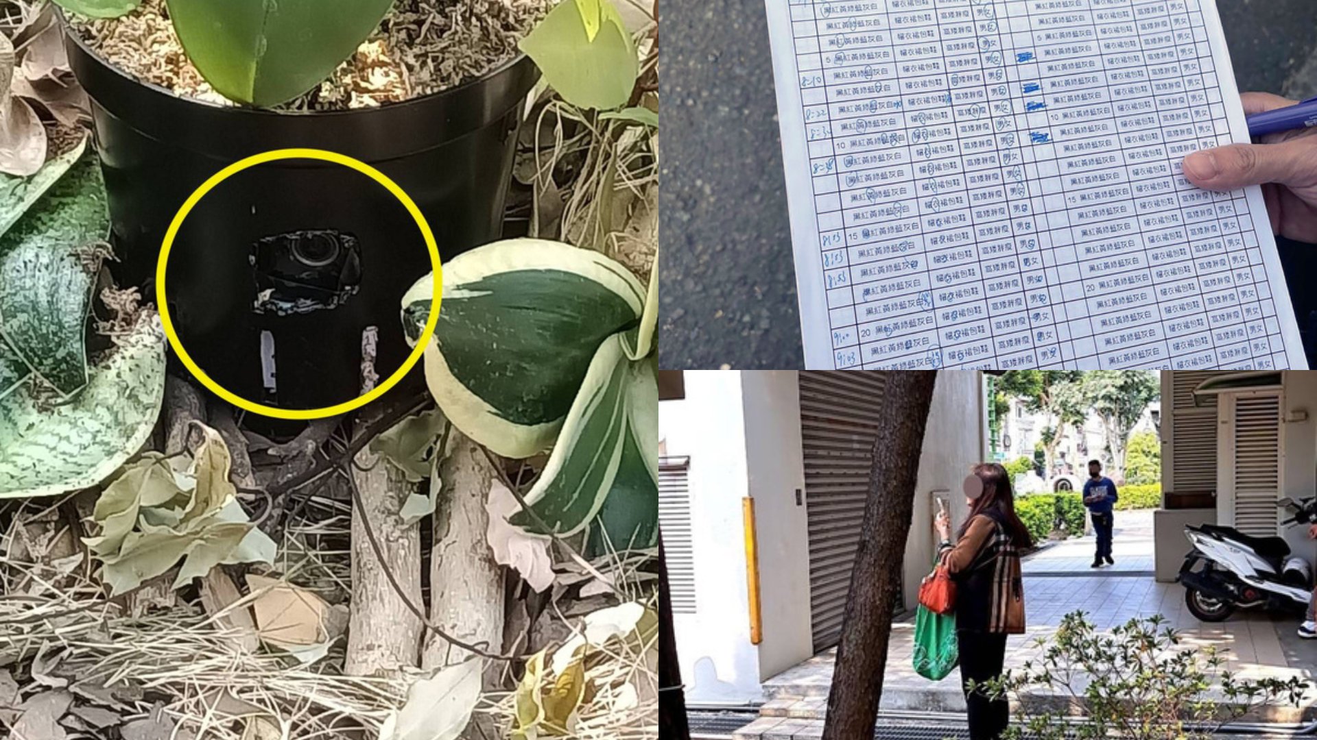 南投補選多個投票所遭監控,有人把密錄器藏在投票所外的花盆內(左)、還有人在記投票民眾高矮衣著等特徵(右)。林明溱、蔡培慧競總提供