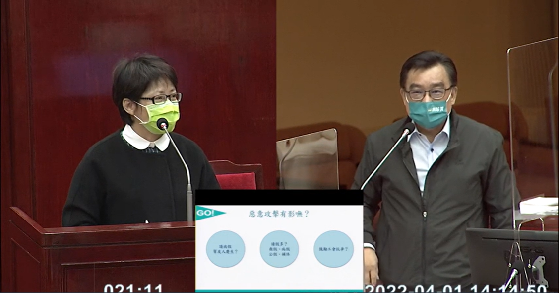 台北市勞動局前局長陳信瑜(左)因涉嫌詐領特支費及洩漏勞檢資料遭起訴，圖為陳信瑜過去任內備詢畫面。翻攝台北市議會網頁