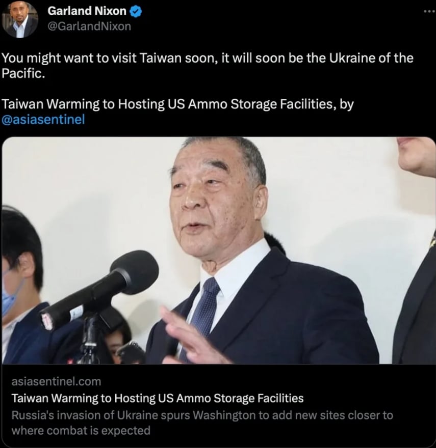 美國媒體人嘉蘭尼克森(Garland Nixon)近日在推特表示,台灣快成為太平洋的烏克蘭。翻攝嘉蘭尼克森推特@GarlandNixo