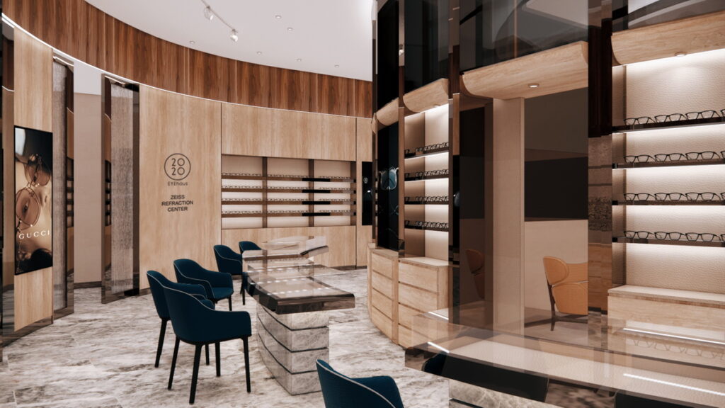 2020EYEhaus 以全新概念及空間氛圍打造忠泰旗艦店!圓弧空間設計宛如眼鏡架貼合人體的弧線,搭配交錯的弧形天花,創造舒適的選鏡體驗。