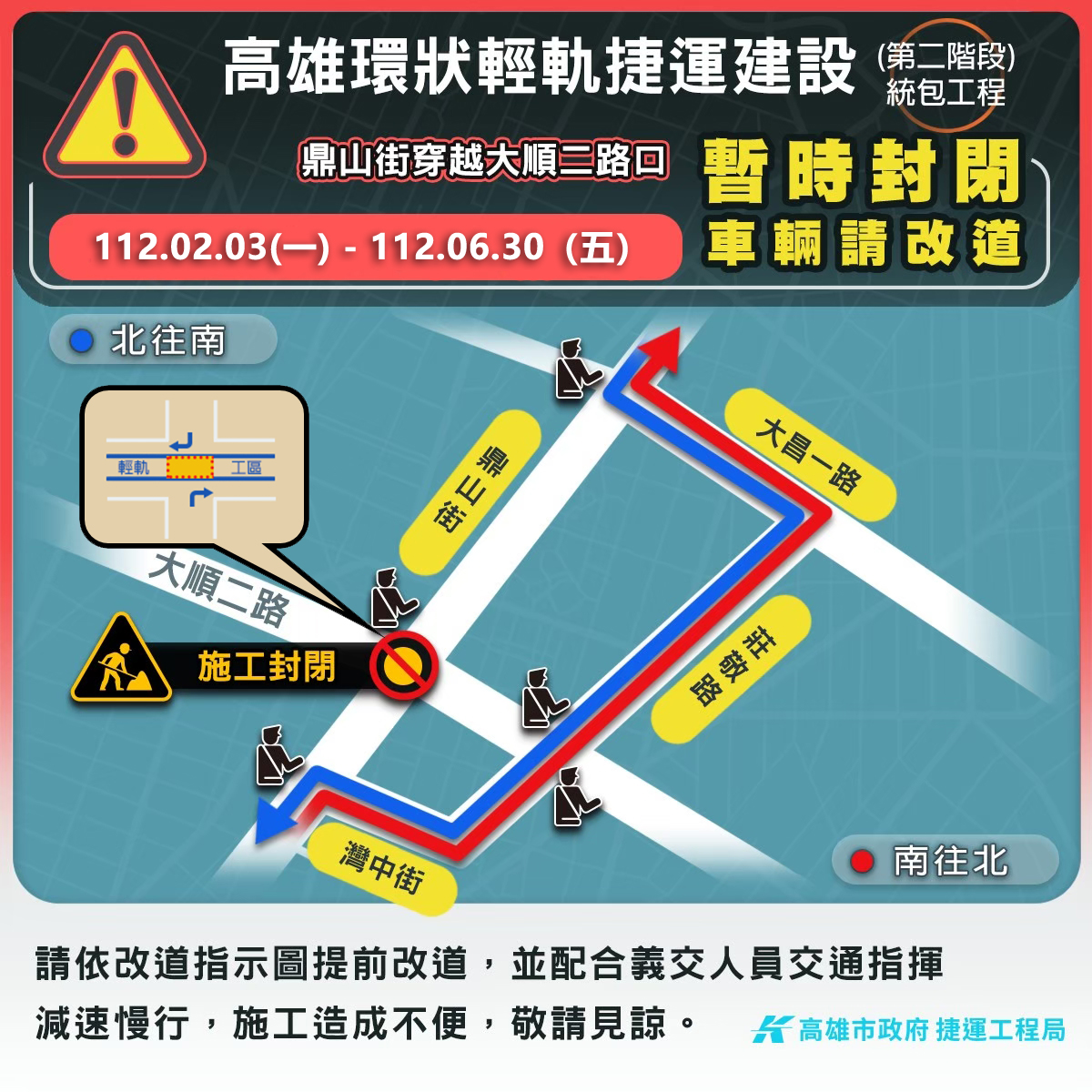 輕軌二階工程於大順二路/鼎山街南北向路口封閉時間延長說明