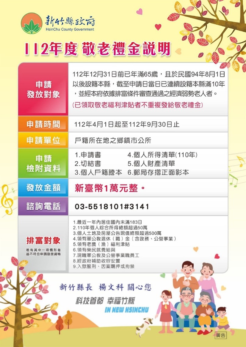 竹縣續發敬老禮金1萬元 維持排富4/1起受理申請